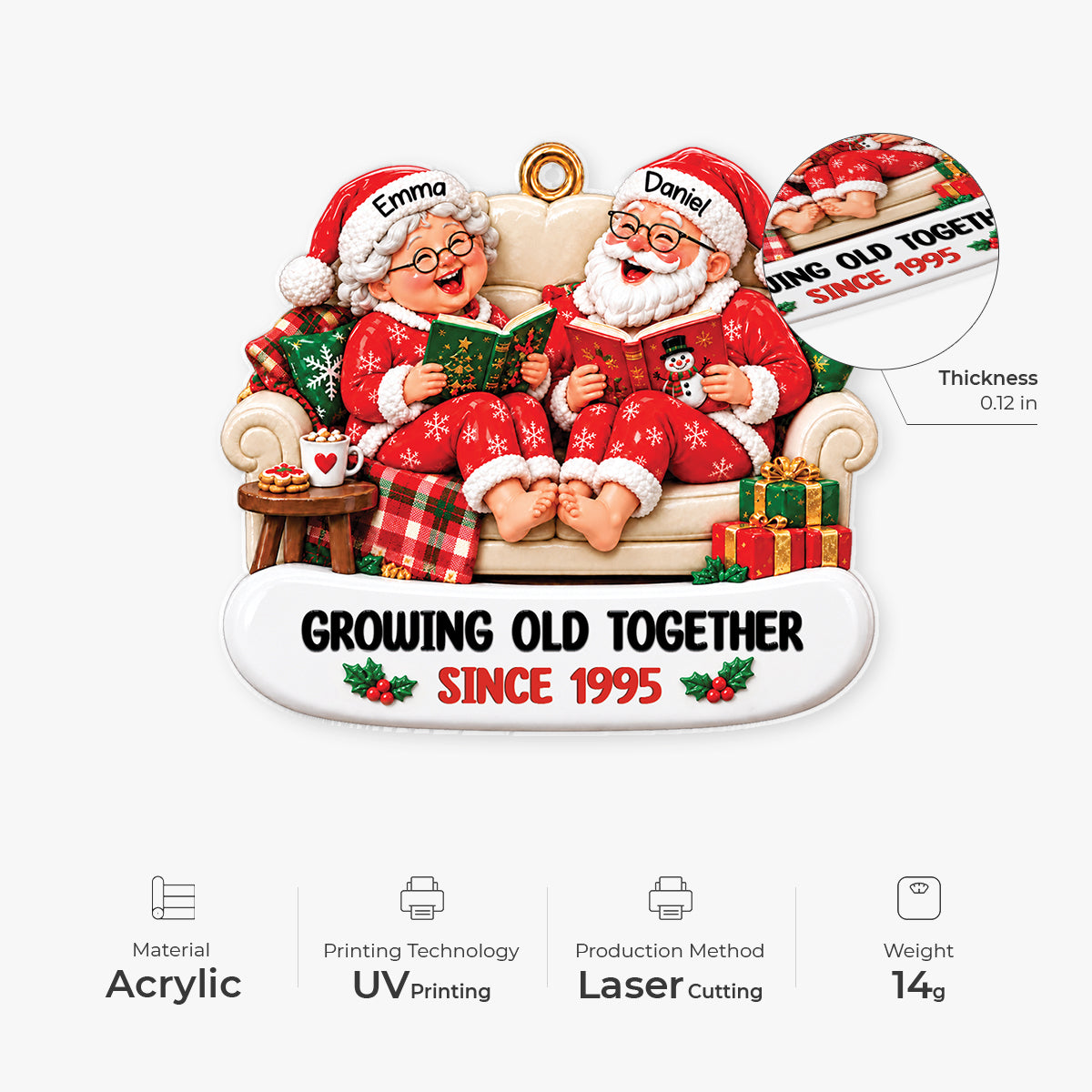 [3D Printing Effect] Personalized Santa Couple Acrylic Ornament - Growing Old Together Gifts for Anniversary