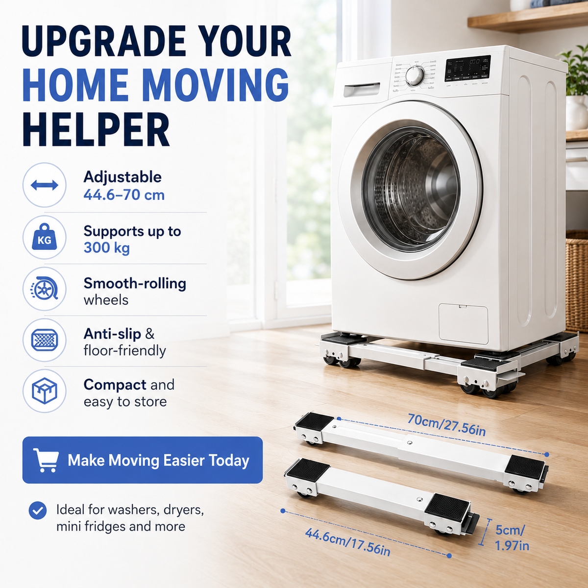 🏆 LIMITED-TIME 50% OFF! 🏠 Shift Heavy Units in Seconds, Zero Floor Damage. Adjustable Length, Non‑Slip Mats.