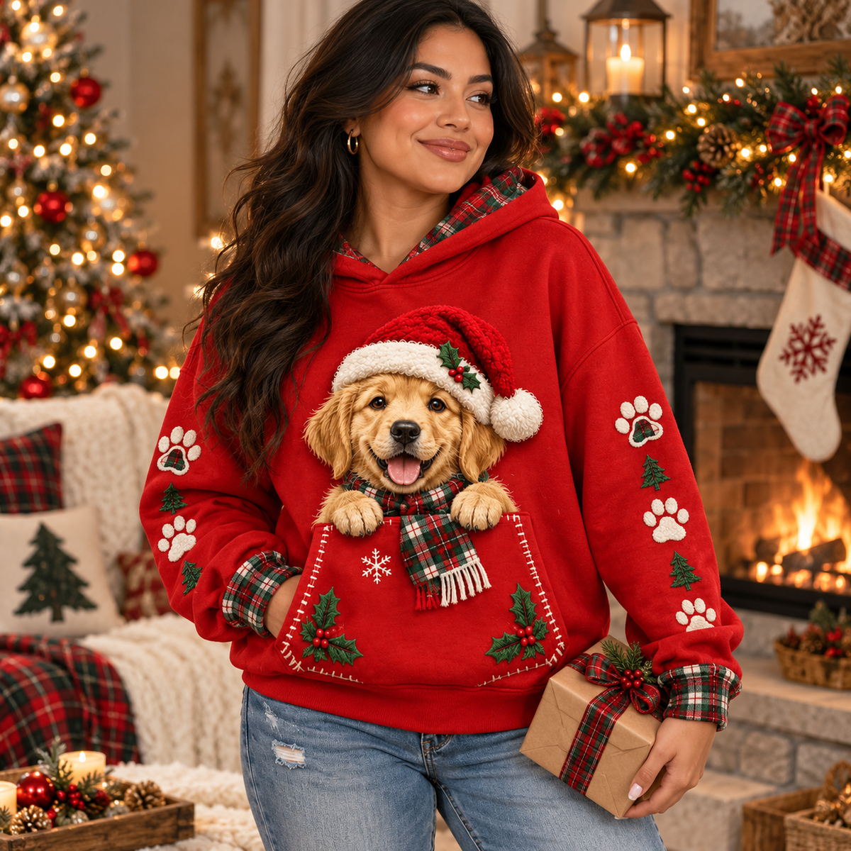 Golden Retriever Christmas Hoodie – Santa Dog Pocket Illusion Print Pullover