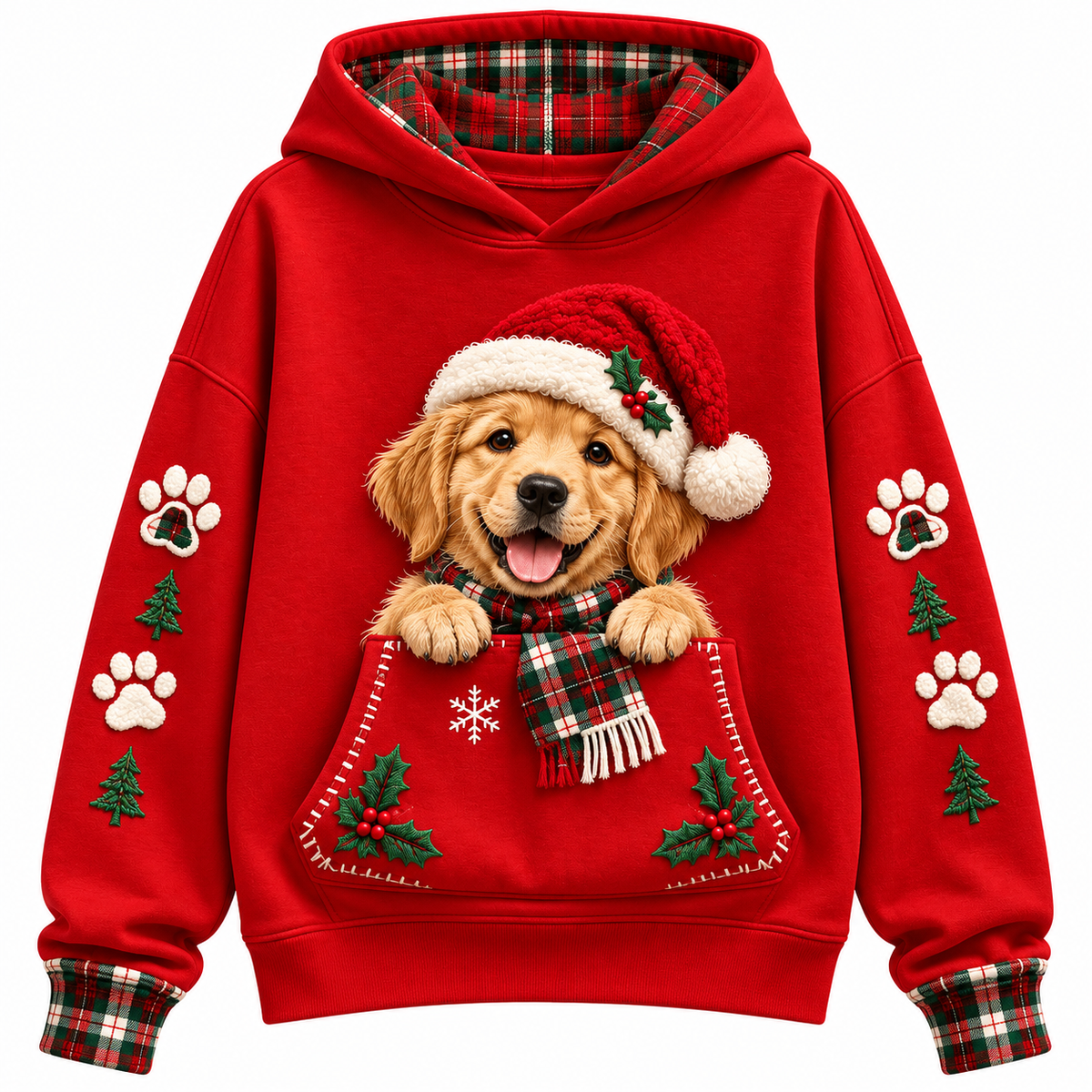 Golden Retriever Christmas Hoodie – Santa Dog Pocket Illusion Print Pullover