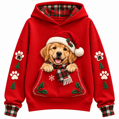 Golden Retriever Christmas Hoodie – Santa Dog Pocket Illusion Print Pullover