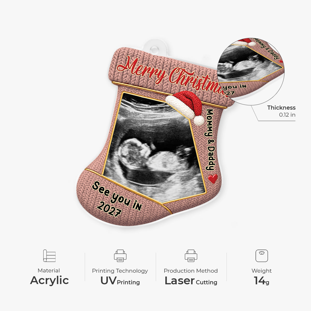 Ultrasound Photo Christmas Stocking Acrylic Ornament - Personalized Gifts for Parents-to-Be